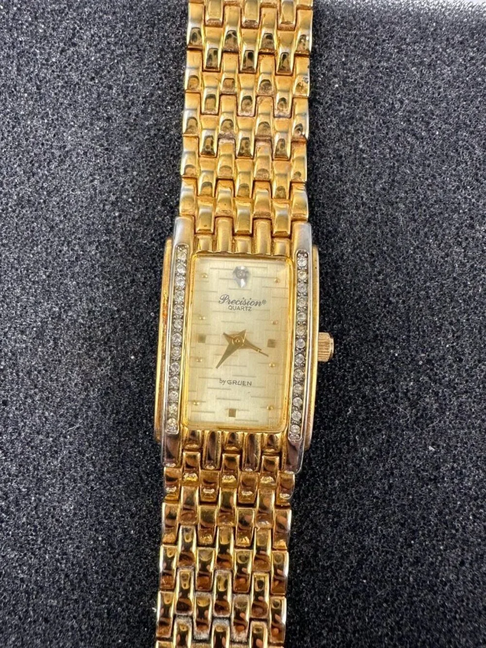Precision by Gruen Watch Women Gold Tone Rectangle Crystal Bezel New Battery 7
